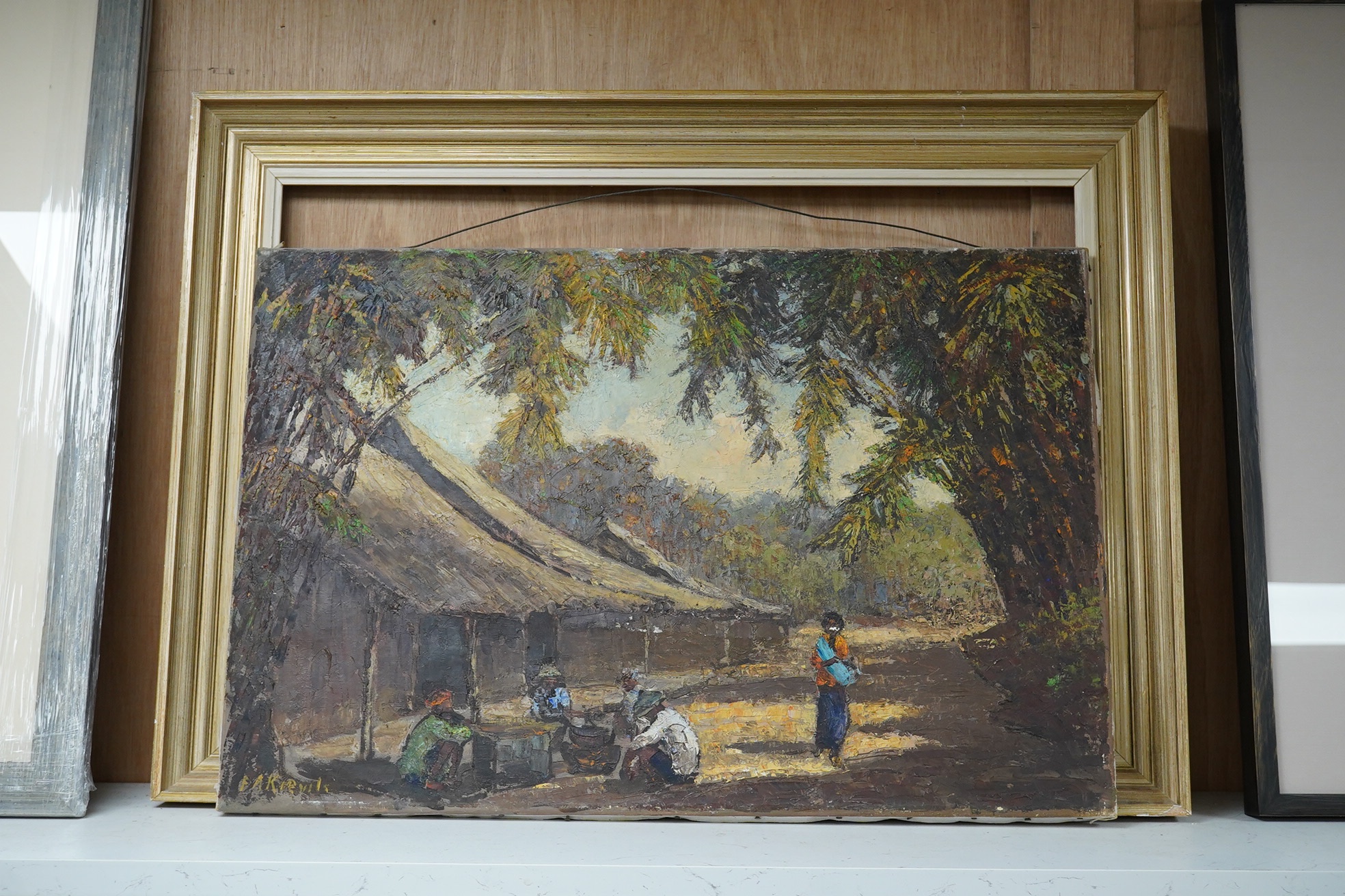 African School, impasto oil on canvas, Village scene with figures, 40 x 60cm, indistinctly signed lower left. Condition - fair, some paint chips